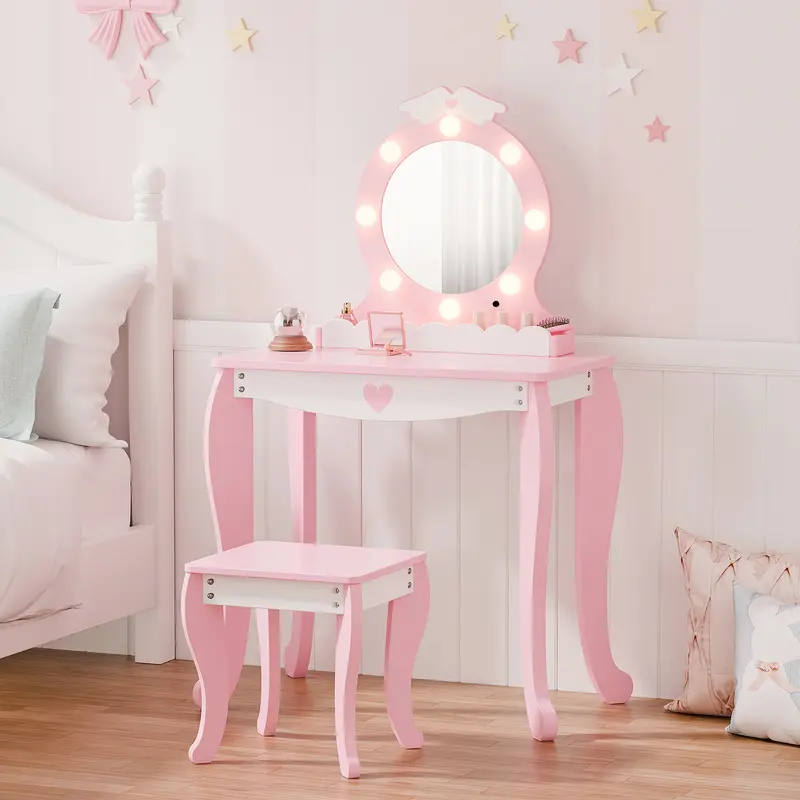 chinese dress ladies Chic White Vanity Table With Led Lights, Flip Top Mirror And 2 Drawers,  Jewelry Storage For Women Dressing White Mdf main image 1