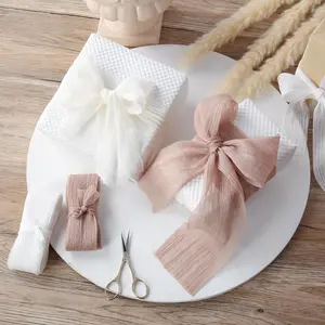Ribbon Crinkle Chiffon 1 1/2 Inch Handmade Tulle Fabric Silk Ribbon for Flower Bouquet Wedding Decor Gift Wrapping 3 Rolls 9 Yd