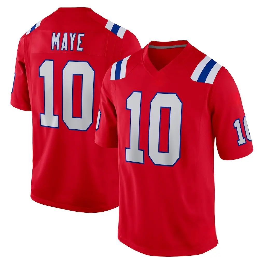 Full Print NE Patriots Red/Navy Maye #10 Football Jersey, Men's Breathable V Neck Short Sleeve Athletic Shirt, Team Game Uniform, Sports Fan Apparel, Unisex Gift for Football Fans