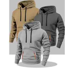 3 men’s fleece hoodies — 220 g heavy-duty casual pullover with adjustable drawstring pockets, kangaroo pockets, and ribbed cuffs; machine washable for autumn and winter (smoky brown, gray brown, black).