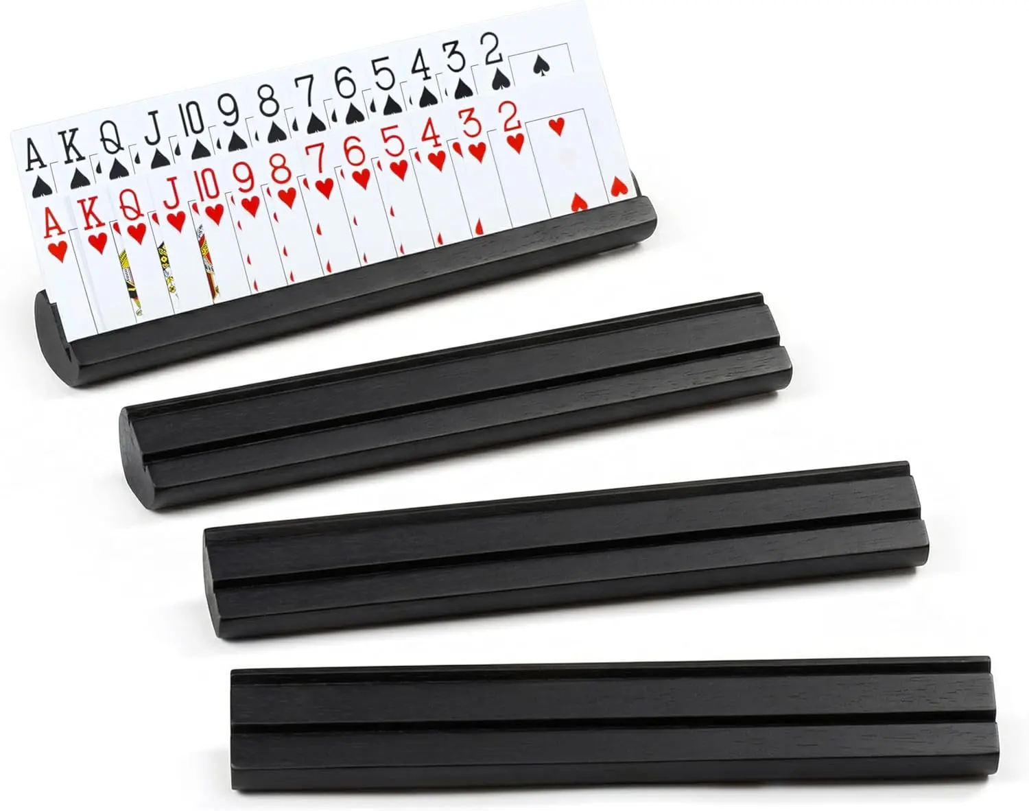 Playing Card Holder for Seniors Adults, Wooden Card Holders for Playing Cards, Set of 4 Hands Free Card Racks for Bridge Canasta Poker Rummy, Wide Slots, Movable Dividers, Black, 11.8 x 1.8 x 1.5 in