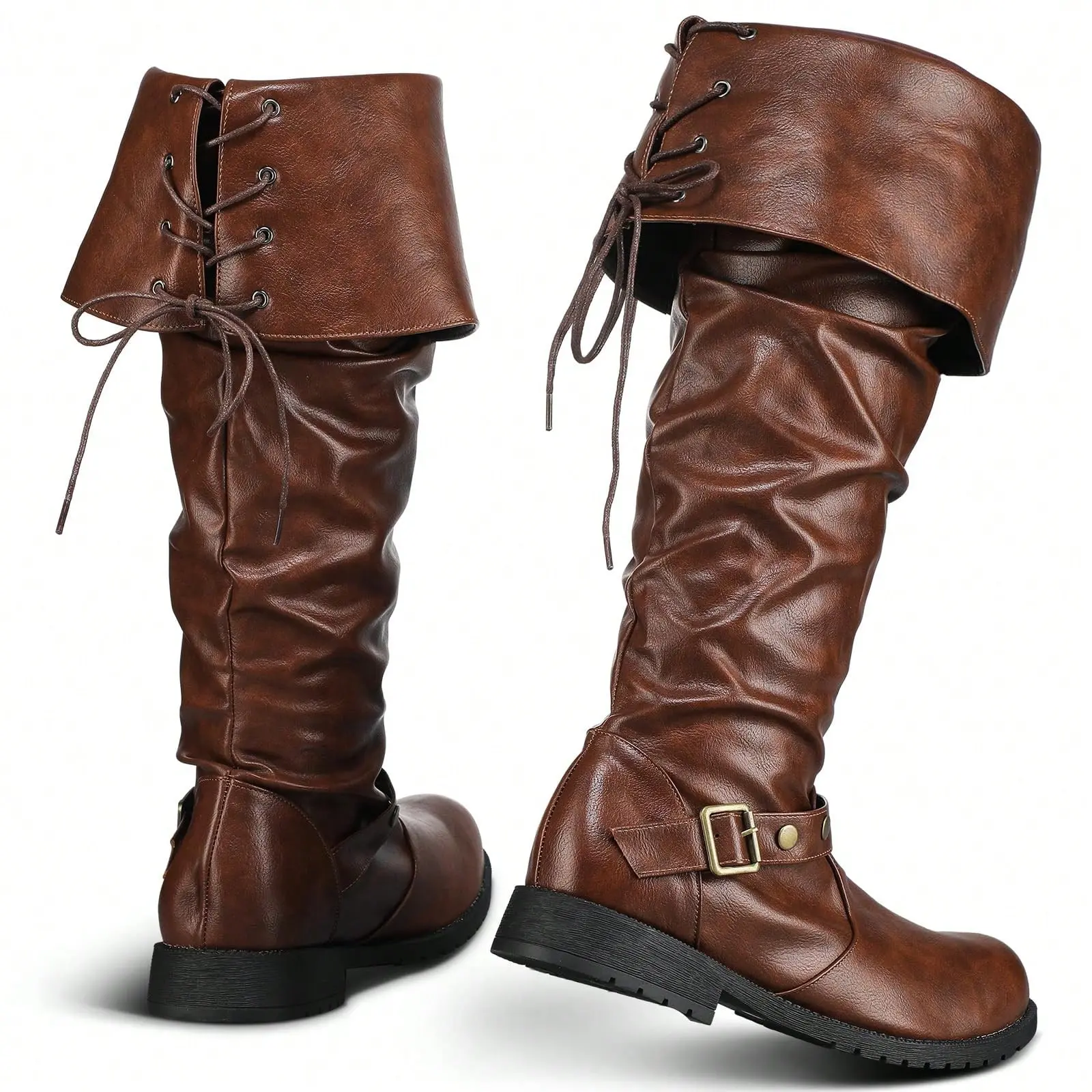 Men's Medieval-Renaissance-Viking Gothic Cosplay Costume Cowboy Boots - Cowhide/PU Leather, Lace-Up/Slip-On Footwear for Pirate Themed Events & Cosplay Accessories, Closed Black