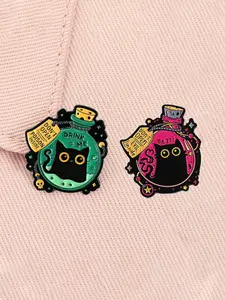 2pcs/set Cute Black Cat Magic Potion Magic Bottle Motif Enamel Pins Decor Pins Funny Quote Don't Open Devil Inside Halloween Alloy Brooches Lapel Backpack Badge Fashion Jewelry Accessories Gifts for Friends