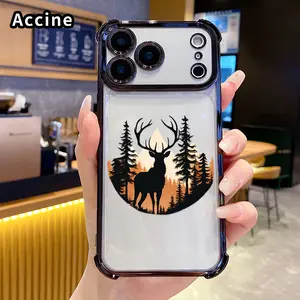 Compatible with iPhone 17 16 Pro Max 15 Plus 14 13 12 11 E Air Phone Case Forest Stag Silhouette Pattern Transparent Full Coverage Four Corners Anti-drop Casing