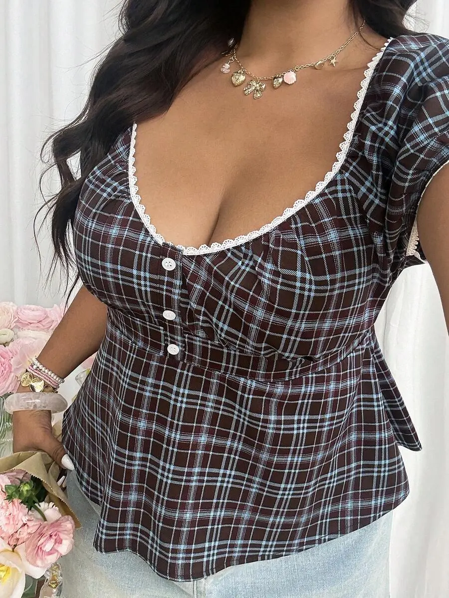 Plus Size Casual Plaid Short Sleeve Shirt, Summer, 1920s Flapper, Everyday, Chic Y2k Business Party Wedding Beach Fashion Top