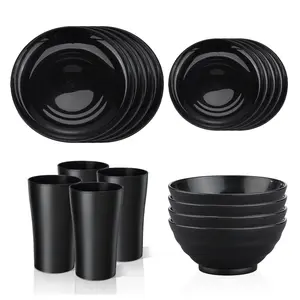 Black Dinnerware Set for 4 - BPA-Free, Unbreakable, Microwave & Dishwasher Safe, 16 Pieces, Plastic Plates