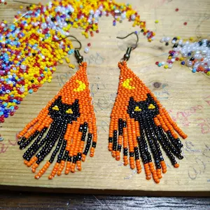 Hand Beaded Halloween Cat Earrings, great for the season!