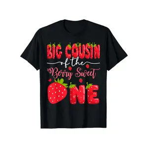 Kids' "Big Cousin of the Berry Sweet One" 1st Birthday Strawberry Graphic Cotton T-Shirt - Brother of the Birthday Boy Black Tee with Red & Green Design, Short Sleeve Round Neck Casual Top for Boys & Girls 2-10 Years, Family Matching Outfits