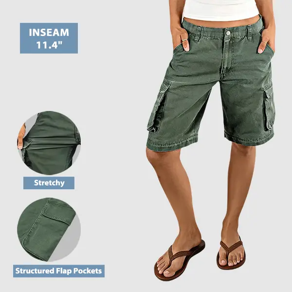 Flamingals Solid Flap Pocket Mid Rise Bermuda Shorts Womenswear Stretchy 11.4" Inseam