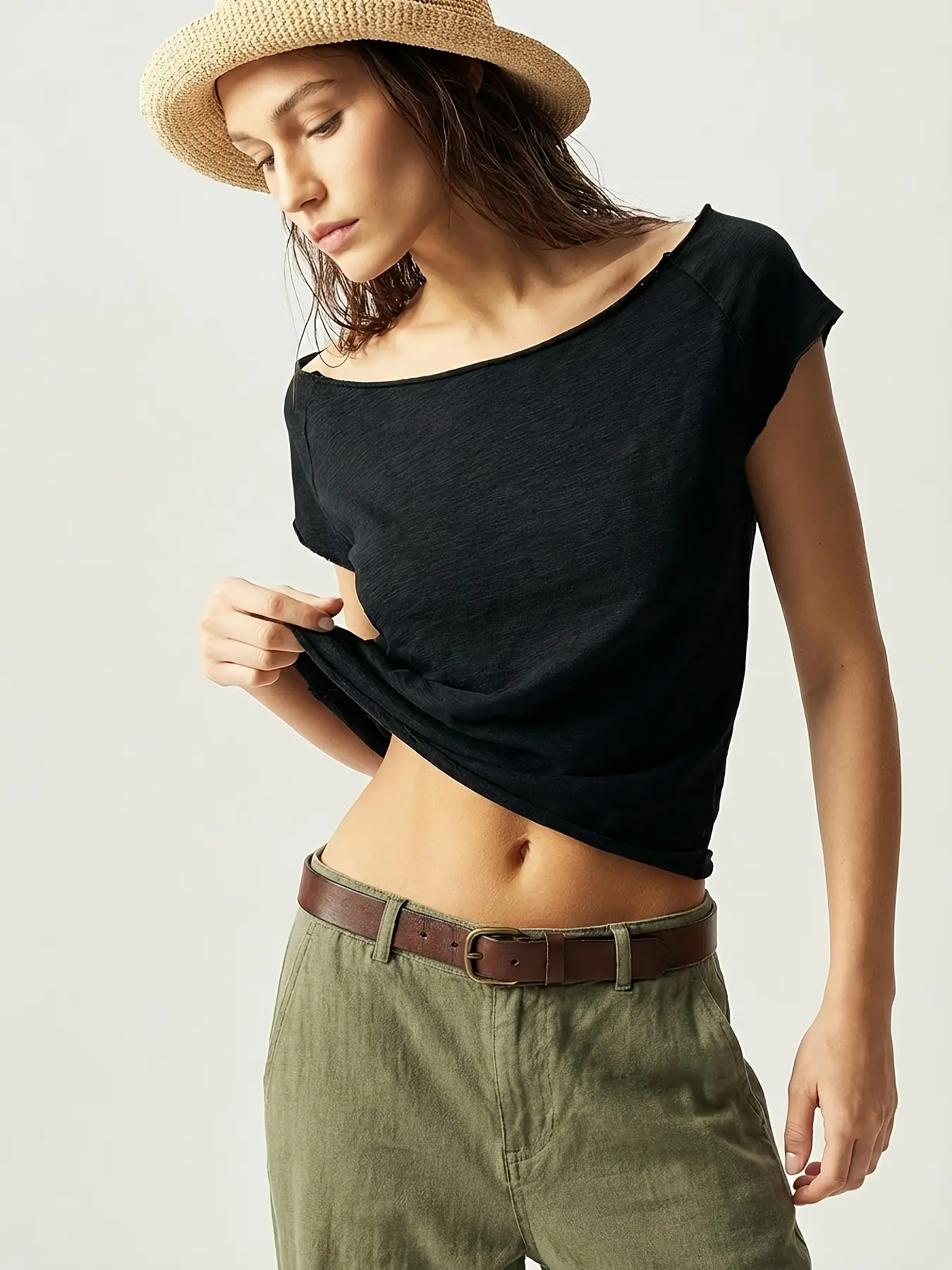 Women's Solid Color Knit T-Shirt - Boat Neck, Off-The-Shoulder, Fitted, Washed - Basic Streetwear Top for Pairing with Skirts, Jeans, Tshirt, Off The Shoulder Style