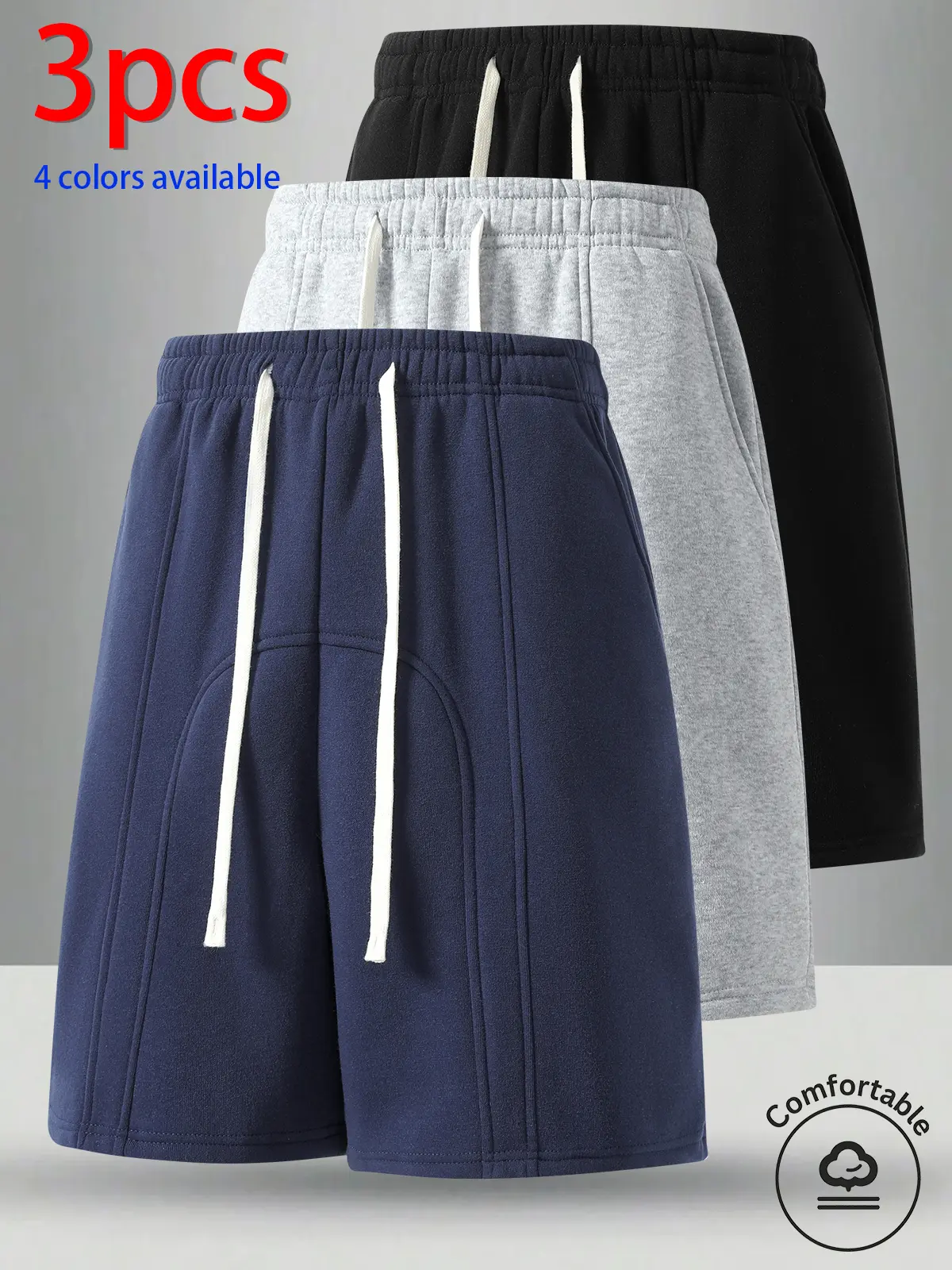 3-Pack Men's Shorts: Men's Casual Shorts, Men's Knee-Length Shorts, Men's Patchwork Shorts Elastic drawstring, loose straight fit; soft and skin-friendly; 3D cut and patchwork design that conceals the hips and creates a slimmer look; available in four col
