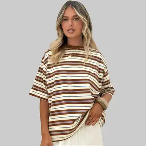Women's Cotton Striped Loose-Fit Crew Neck Tee - Baggy Boxy Essential Casual Top, Versatile 1-Piece for Skirt Pairing (Baggy, Loose-Fit Styles)