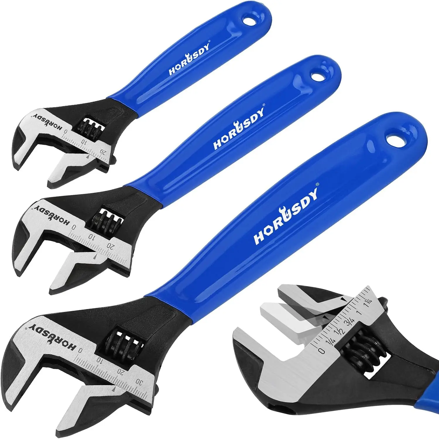 HORUSDY 3-Piece Adjustable Wrench Set (6/8/10 in), Wide Jaw Black Oxide Finish, Cr-V Steel, Metric & SAE Scales, Adjustable Spanner Set for Home Garage Workshop