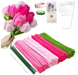 YYUENG TAK 200 pcs Pink Pipe Cleaner Flowers Craft kit for DIY Tulip Bouquet with tutoria,4 Colors, Chenille Stem Flowers Craft with 12 pcs Green Floral Wires,Gardening Tape