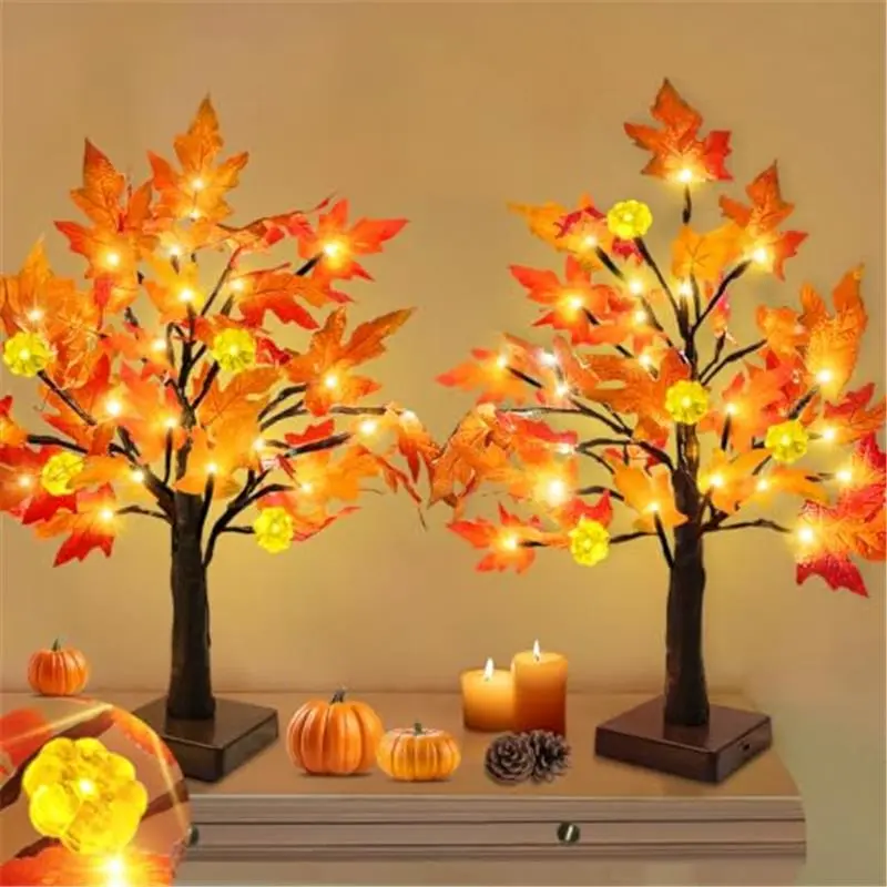 Fall Decor 2 Pack 18 Inch Prelit Fall Maple Tree 48 LEDs Timer | Fall Decorations for Home Battery Operated Pumpkin Lights Lighted Thanksgiving Halloween Decor Table Mantle Indoor Outdoor