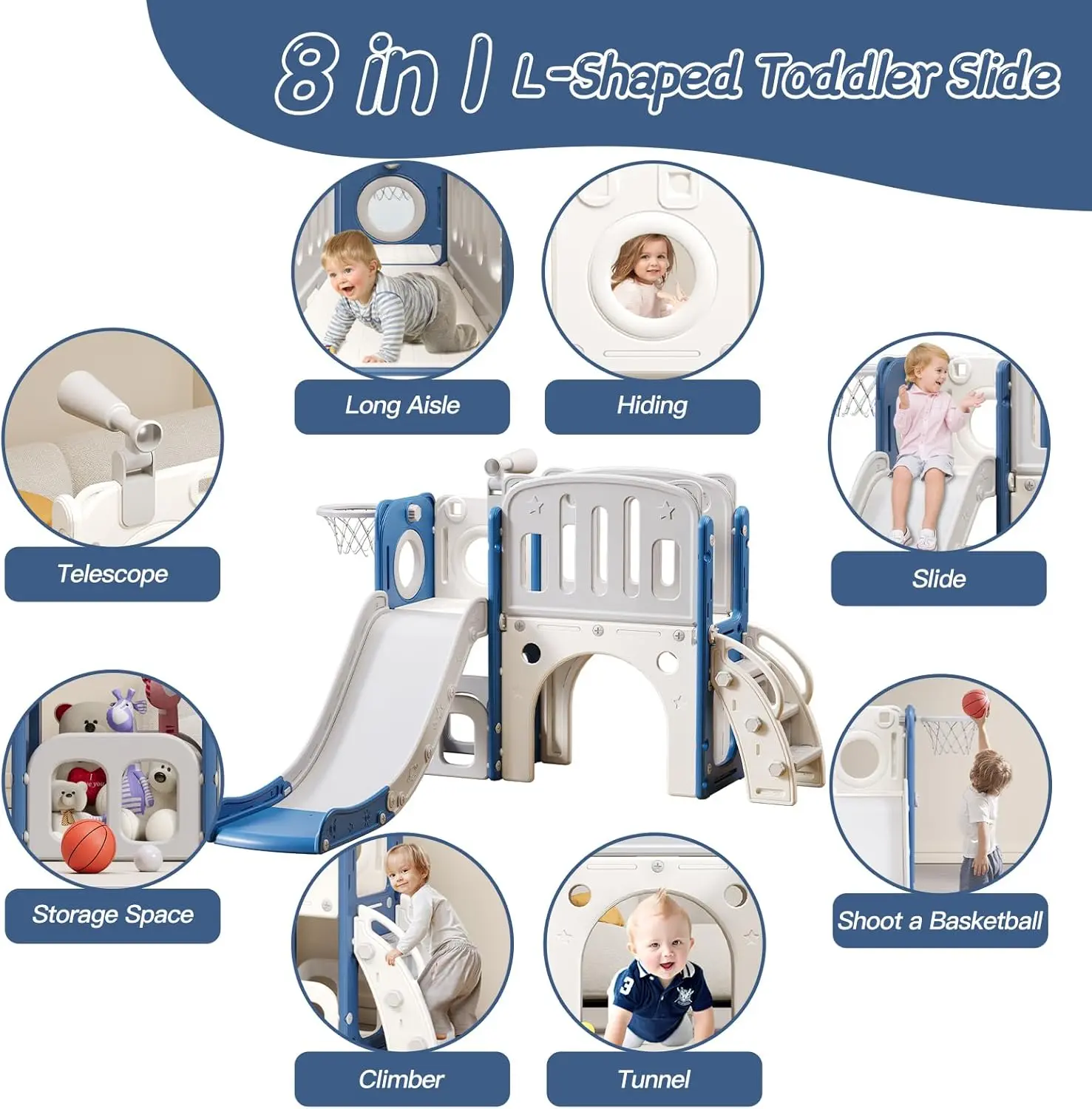 8 in 1 Toddler Slide for Toddlers Age 1-3, Extra-Long Slide with Basketball Hoop Indoor and Outdoor Baby Climber Playset Playground Freestanding Slide