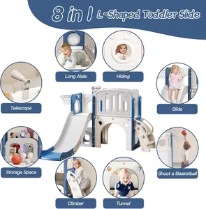 8 in 1 Toddler Slide for Toddlers Age 1-3, Extra-Long Slide with Basketball Hoop Indoor and Outdoor Baby Climber Playset Playground Freestanding Slide