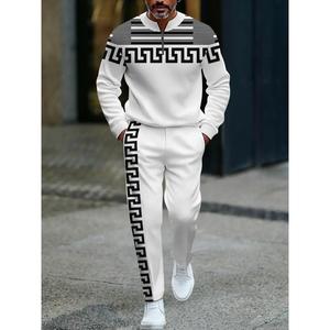 European and American men's two-piece set for spring and autumn fashion, retro style, striped contrasting art pattern printing, versatile long sleeved polo shirt and casual pants, sports suit suitable for outdoor daily leisure suit