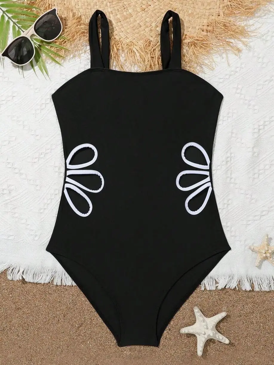 Teen Girls Purple Floral Print One-Piece Swimsuit Ruffle Trim Adjustable Strap Swimwear