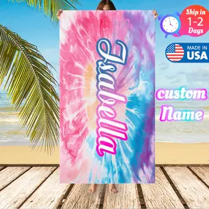 Custom Name Tie Dye Beach Towel, Personalized Summer Swim Towel for Girls