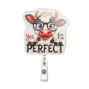Cute Cow Design Badge Holder, 1 Count Retractable Badge Clip, ID Card Holder for Students Office Staff Doctors Nurses Teachers, Badge Reels Retractable