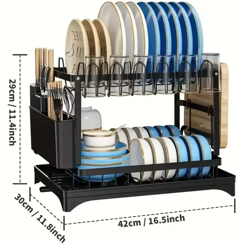 Kitchen Counter Dish Rack with Drainboard Mat, 2 Tier Drying Rack for Dishes Cups & Utensils, Keeps Counter Dry