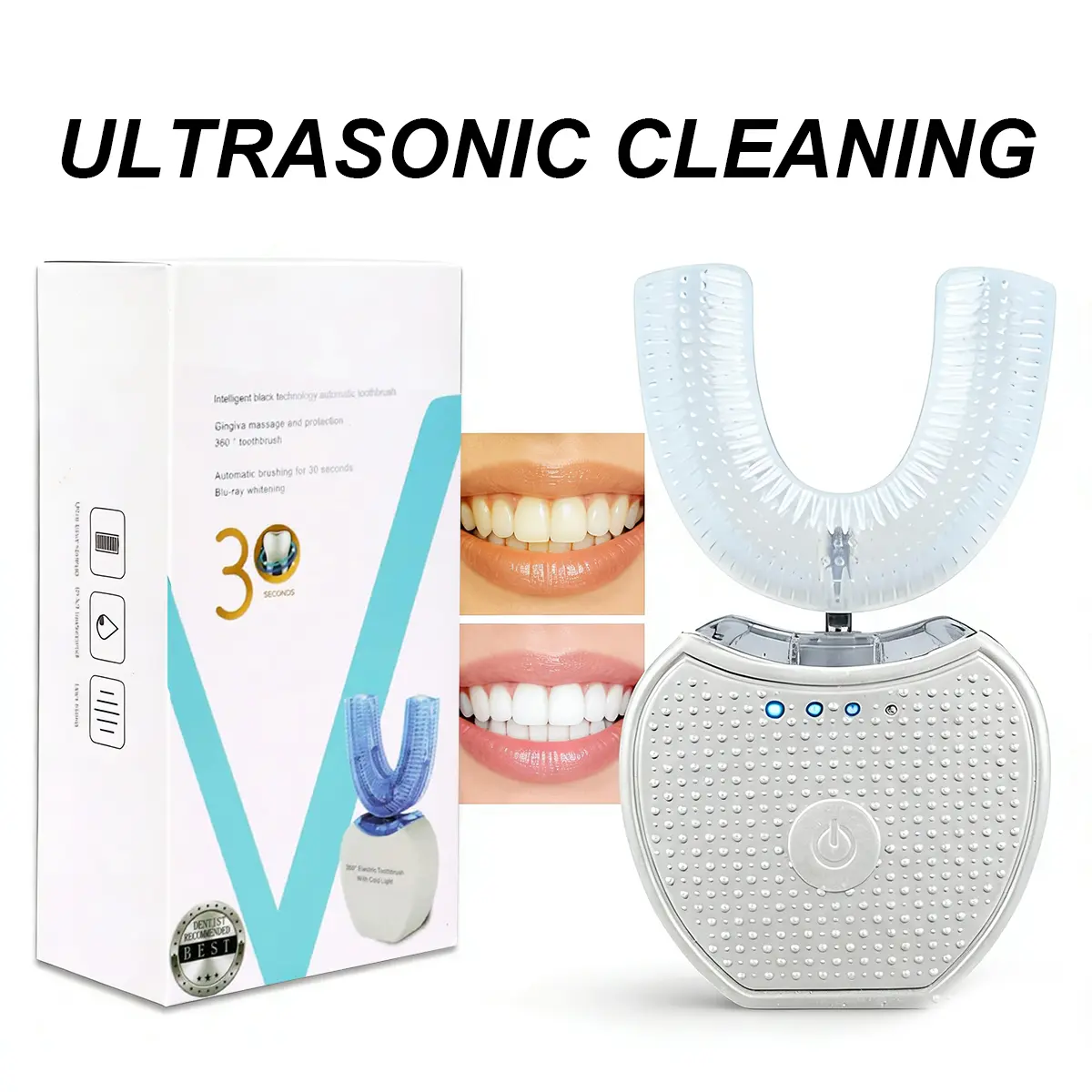 Automatic U-Shaped 360° Electric Toothbrush with Blue Light, Ultrasonic Full Mouth Sonic Cleaner, Hands-Free, USB Rechargeable, 3 Cleaning Modes