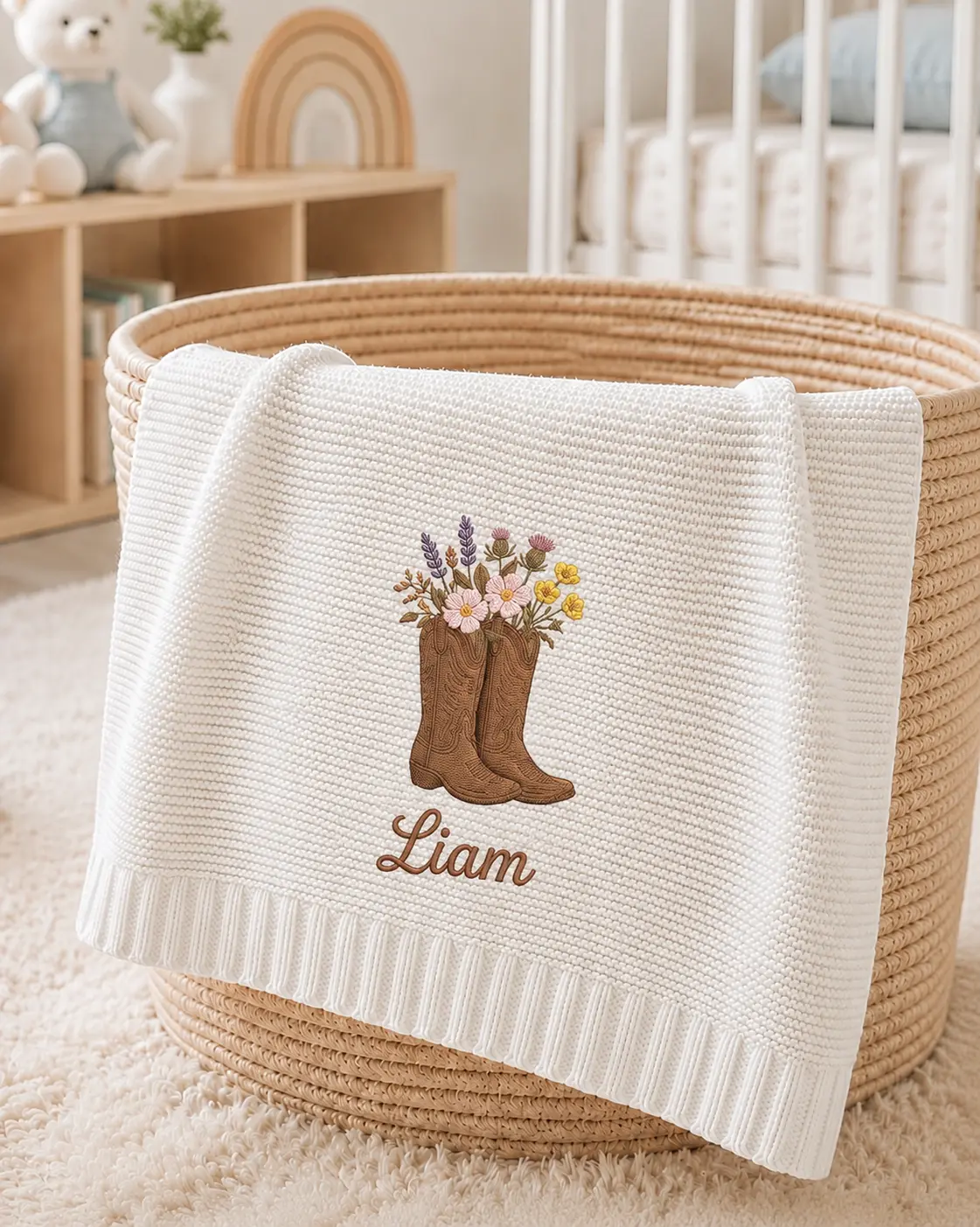 [Made-to-Order]Personalized Wildflower Cowboy Boots Embroidered Name Blanket, Custom Western Floral Knit Blanket, Rustic Cottagecore Baby Blanket, Nursery Keepsake Gift