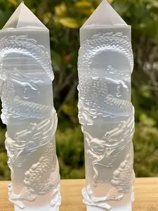 1pc Hand-Carved Selenite Crystal Tower with Dragon & Phoenix - Perfect for Home Decor, Natural Selenite Tower with Good Flash, Crystal Carving
