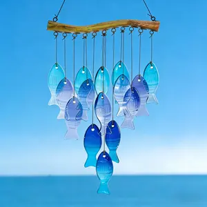 Blue Ocean Style Fish Wind Chime with 15 Fish Shaped Bells, Wind Bell For Outdoor & Indoor Garden Patio Coastal Home Decor, Boho Style, Outdoor Wind Chimes