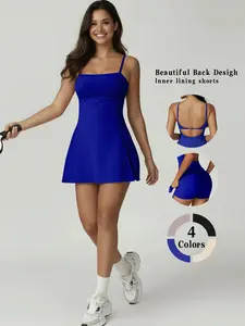 Women's High-End Sexy Backless Tennis Dress, Slimming Sports Dress with Safety Pants, High Stretch Quick Dry Sweat Absorbent
