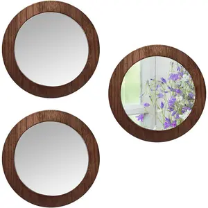 3 PCS Wall Mirrors Decorative, 8 Inch Small Round Rustic Wood Mirror Decorative Wall Mirror for Home Door Living Room Bathroom Bedroom and Entryway (Not Real Glass Mirror)