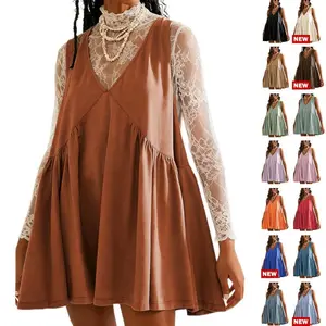 Women’s V-neck vest | Casual and elegant sleeveless A-line mini dress with pockets on both sides, perfect for pairing with a mesh top on cold days or wearing alone with spring/summer outfits GARMENTARY