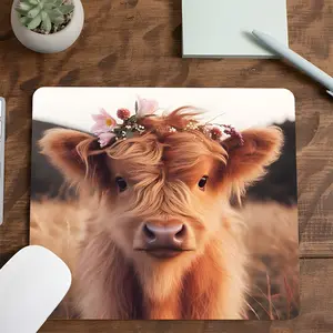Boho Floral Cow Design Square mouse pad, Aesthetic Desktop Decorative Protective Pad, Rubber Anti-slip Lockedge Work Pad, Small Size Suitable for Laptop, Desktop Computer Games, Work, Family