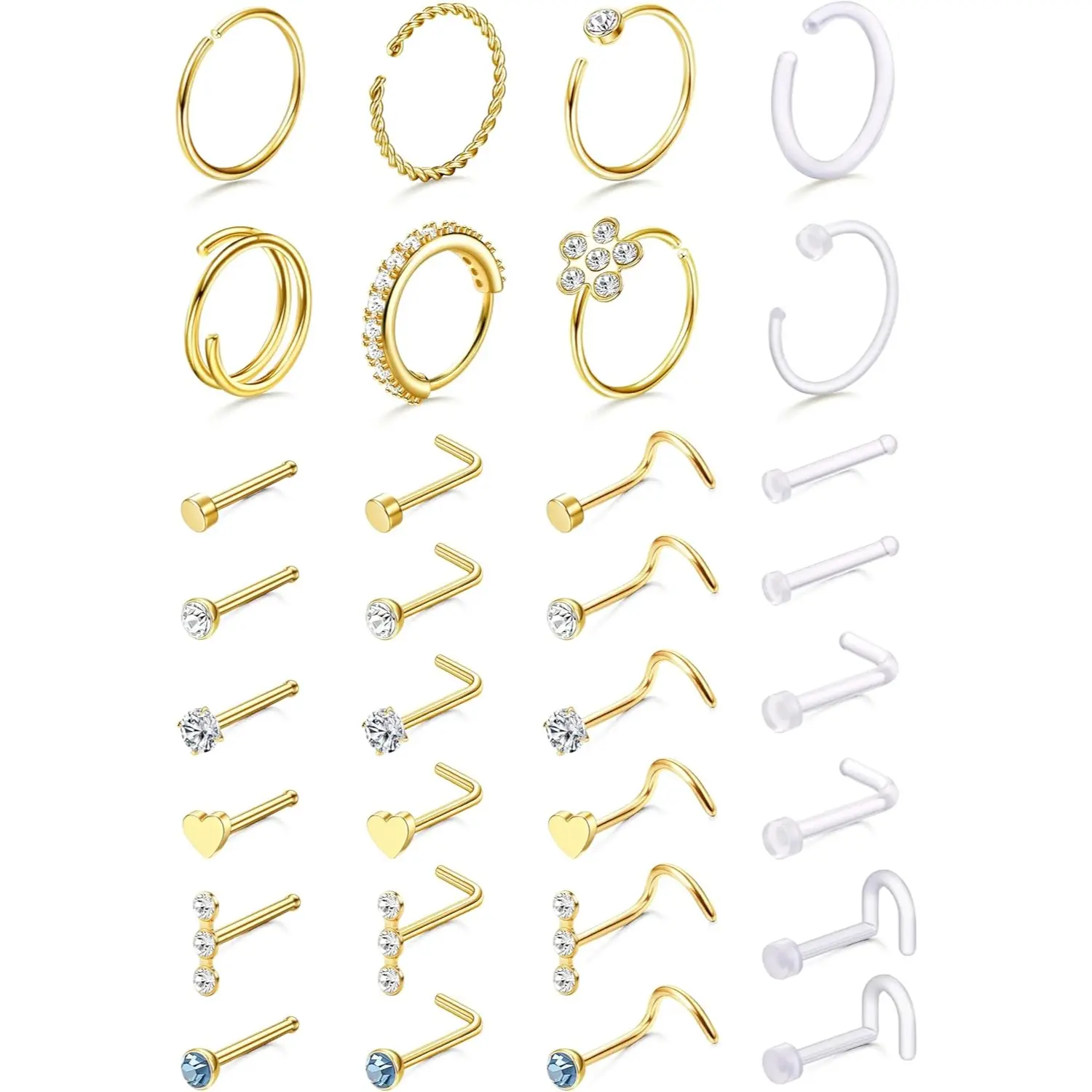 MILACOLATO 32 Pcs Nose Rings for Women Men - Hypoallergenic Surgical Stainless Steel Retainer Clear L Shape/Straight/Corkscrew Nose Rings Hoops Cartilage Helix Tragus Piercing Jewelry 18G/20G