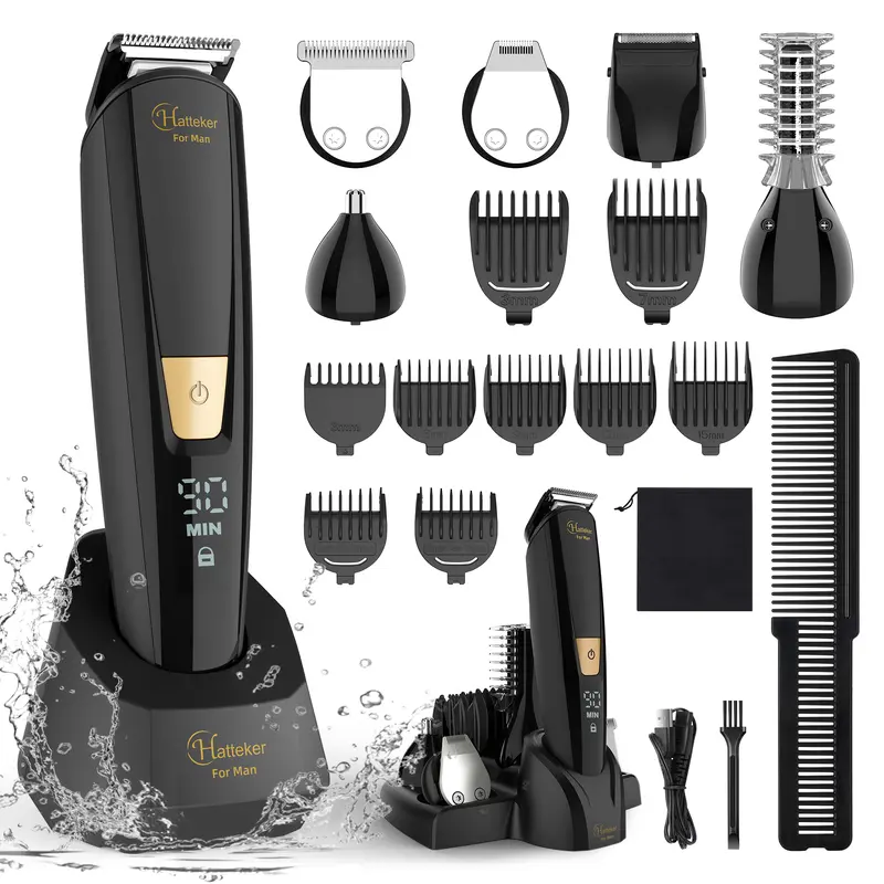 Hatteker Cordless 5-in-1 Stainless Steel Electric Beard & Body Trimmer - Men's Grooming Kit for Abs, Face, 15mm Length, Barber Equipment, Waterproof Rechargeable Clippers, Shaver, Storage for All Hair Types, Sensitive Zones