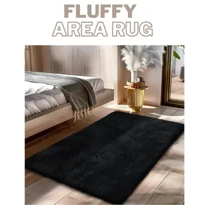 Fluffy Rug Shag Area Rug, Black 2x4 Area Rugs for Bedroom, Small Bedside Rug, Soft Fluffy Shag Entryway Throw Rugs for Living Room Bedroom Kids Room Home Decor