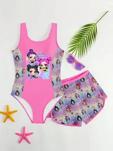Kpop Anime Sweet Cool Dance Girl Swimsuit Set, Sleeveless One-Piece Swimwear and Shorts 2 Piece Set, Summer Fashion Beach Vacation