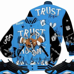 14 University Blue Outfits, Black University Blue 14s Varsity Jacket, Tattoo Trust No One Got EM Unisex T-Shirts To Match Sneakers Streetwear