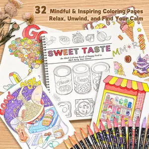 TikTokShopBlackFriday Adult Coloring Book Set with 36 Glitter Markers 32 Food & Drink Designs 11x8.5 Spiral Bound for Relaxation Creative Gifts for Women Perfect Christmas Gift