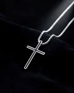 Unisex Minimalist Stainless Steel Long Necklaces - Layered Faith Cross Pendant Religious Design Jewelry, Crucifix Cross Relief Necklaces, Christian Gift for Summer Fashion Accessory
