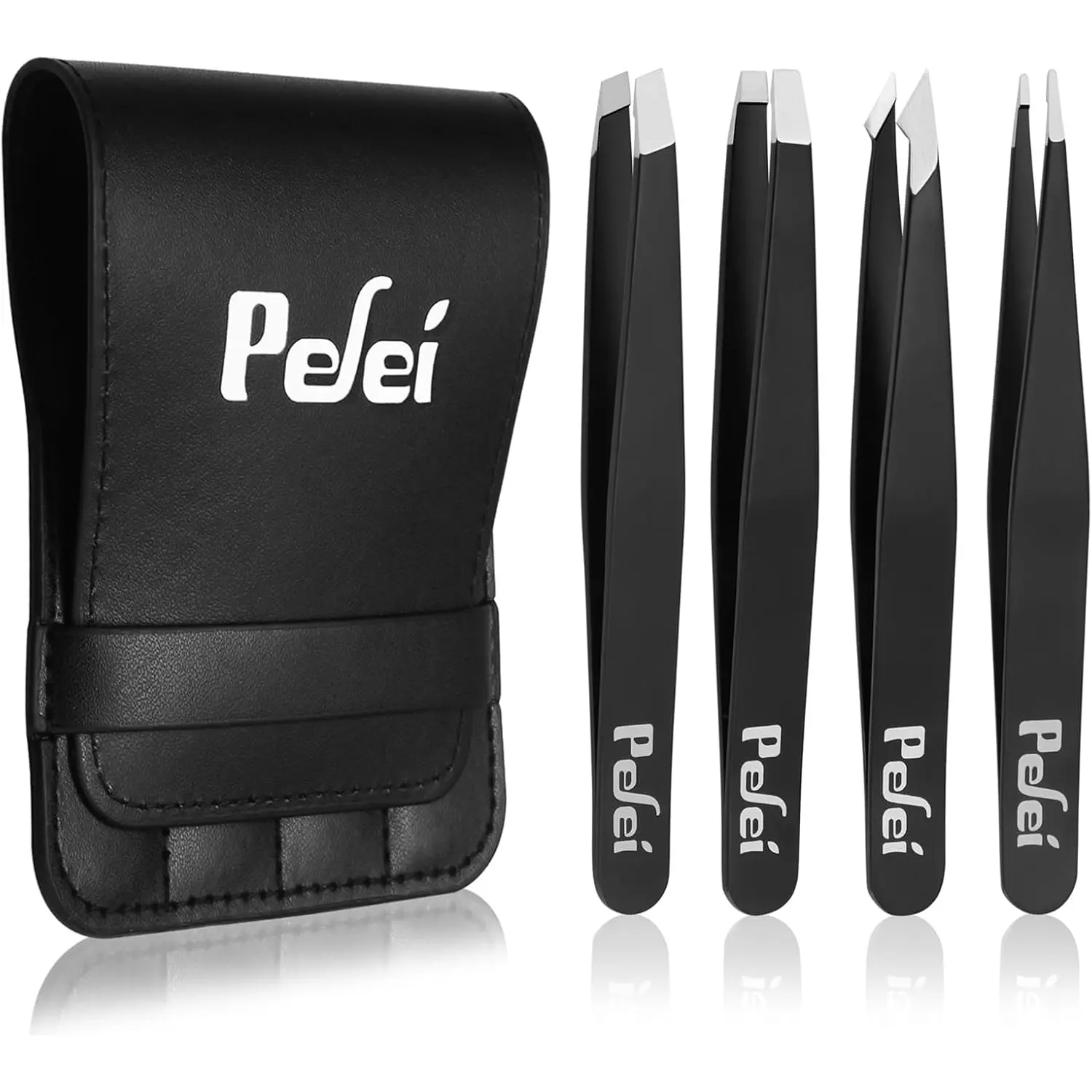 Pefei Tweezers Set - Professional Stainless Steel Tweezers for Eyebrows - Great Precision for Facial Hair, Splinter & Ingrown Hair Removal (Black)