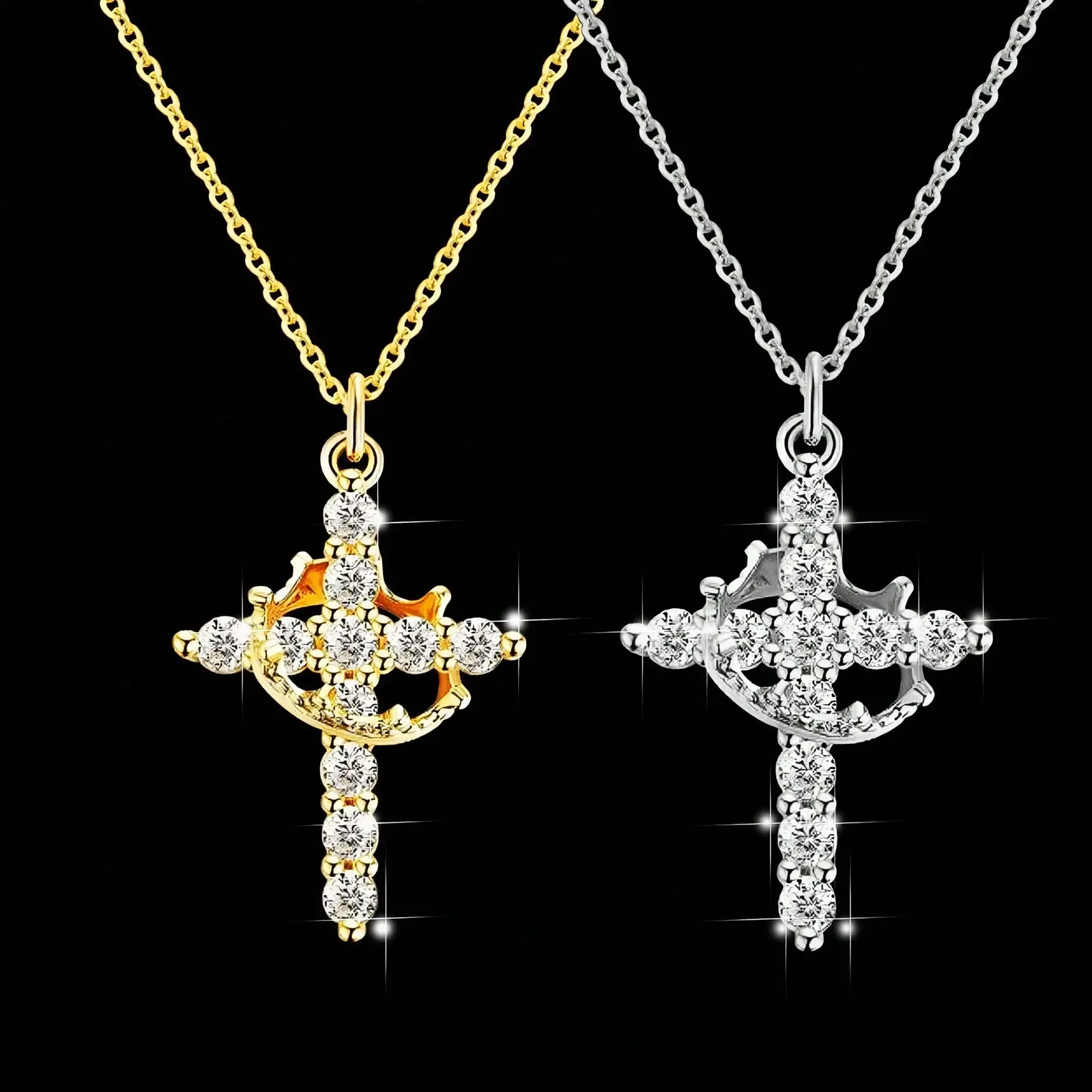Women's Unisex Vintage Cross Pendant Necklace - Rotatable Crown, Adjustable Cuban Link Chain, Gold-Tone Copper Jewelry with AAAA Zircon, Cuban Link Design, Antibacterial, Resists Oxidation for Lasting Shine, Suitable for Work