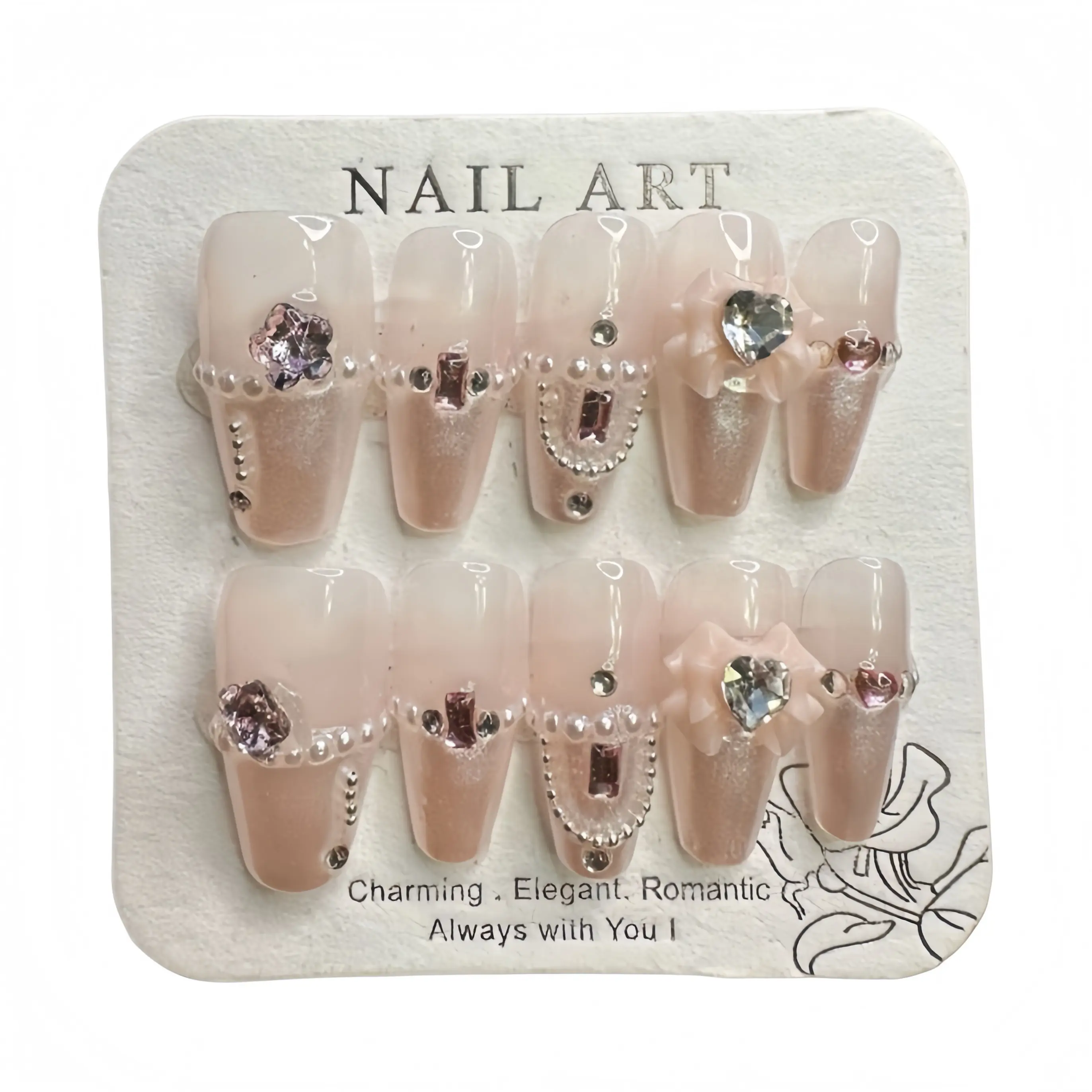 Handmade Press-On Nails with Luxury Gem & Pearl Accents, Removable Acrylics for Nail Art Design - Accessories for Women, Multicolor, Size M/L, Handcrafted Look