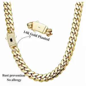 14K Gold-Plated Cuban Gold Jewelry Necklace with Classic White Stone Inlay - 8mm,10mm,12mm,14mm Sizes - Elegant Miami Style for Couples - Perfect Valentine's Day Gift