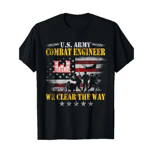 U.S. Combat Engineer Military T-Shirt - "We Clear The Way" Graphic Tee with American Flag, Engineer Emblem - Heavyweight 180gsm Cotton Shirt for Veterans Day, Events, Casual Attire - Crew Neck Drop Shoulder Fit  Oversized Menswear