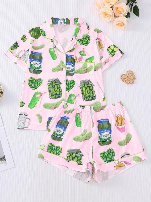 Elegant women's sleepwear set with knitted fabric short sleeved button top and shorts, pickled cucumber print home clothes, casual one-piece cartoon pattern sleepwear combination, lemon design essential short sleeved fashionable women's pocket style