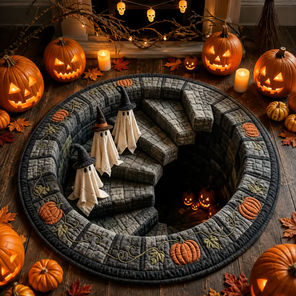 32-Inch 3D Halloween Illusion Round Area Rug, Spooky Ghost & Pumpkin Design, Haunted Staircase Floor Mat for Bedroom, Living Room & Halloween Party Decor