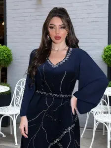 Muslim Elegant Women Rhinestone Chiffon Dress with Belt, Muslim Evening Dress, Perfect for Parties, All Seasons Wear