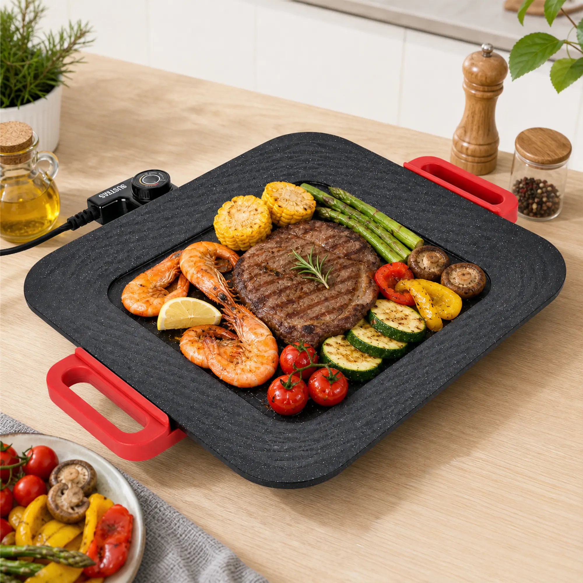 SUSTEAS Large Electric Griddle Grill, Nonstick Tabletop Teppanyaki Pan with Removable Temperature Control, Fast & Slow Heat Zones for Family Meals